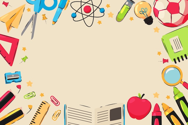 Fondo plano de regreso a la escuela con útiles escolares