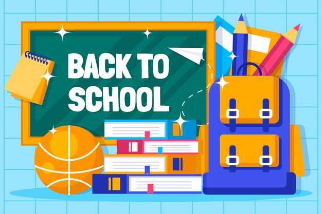 Fondo plano de regreso a la escuela con útiles escolares