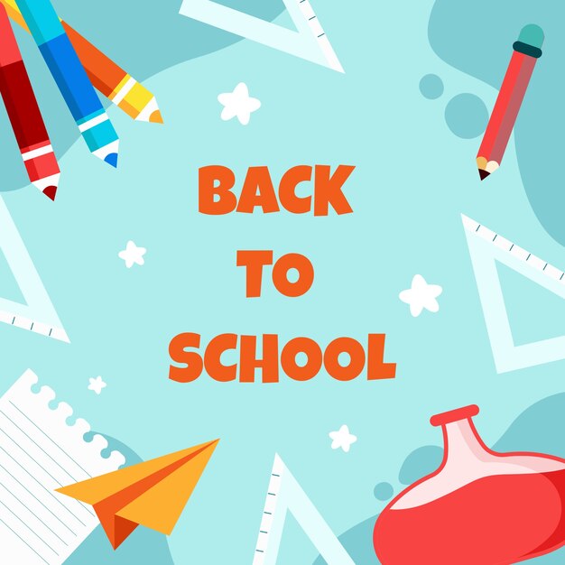 Fondo plano de regreso a la escuela con útiles escolares