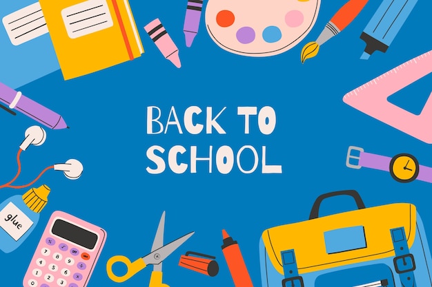 Fondo plano de regreso a la escuela con útiles escolares