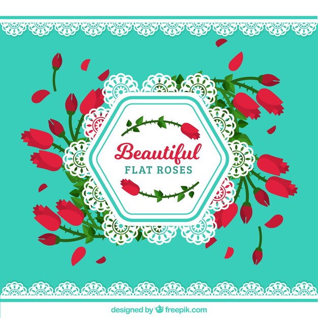 Vector gratuito fondo plano con rosas rojas y decoración ornamental