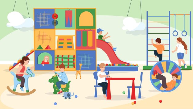 Fondo plano de sala de juegos con un grupo de niños pequeños que se divierten en la ilustración de vector de equipo de patio interior