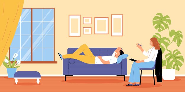 Fondo plano de salud mental con el hombre relajándose en el sofá y recibiendo apoyo emocional en la ilustración del vector del gabinete del psicólogo