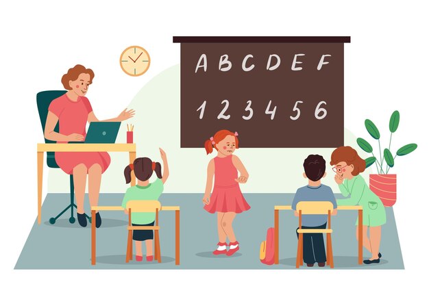 Fondo plano de seguridad de los niños con el maestro que trabaja con niños en edad preescolar en la ilustración de vector de jardín de infantes