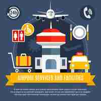 Vector gratuito fondo plano de servicios e instalaciones del aeropuerto.