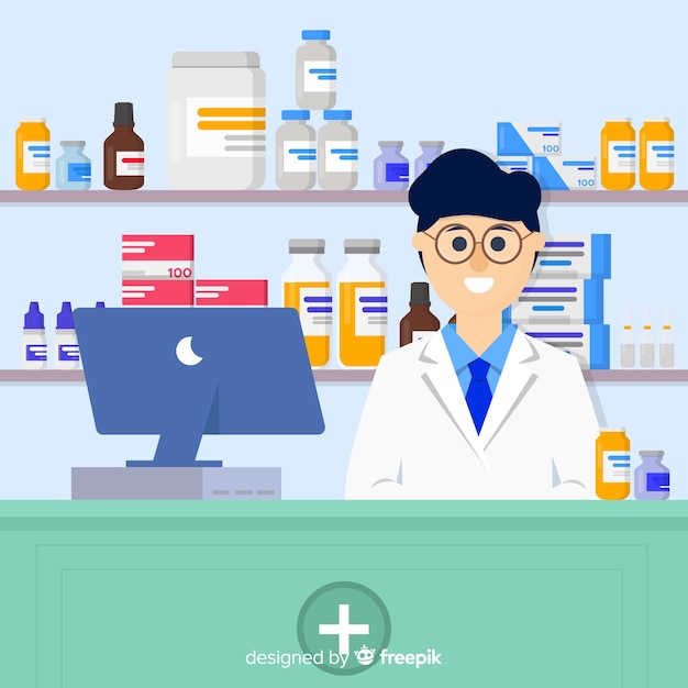 Fondo plano simple farmacéutico sonriendo