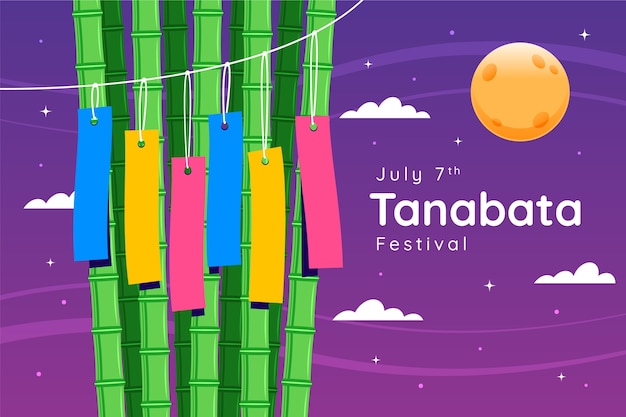 Vector gratuito fondo plano de tanabata con bambú y luna llena