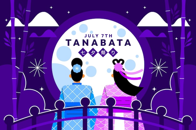 Vector gratuito fondo plano de tanabata con pareja en el puente en luna llena