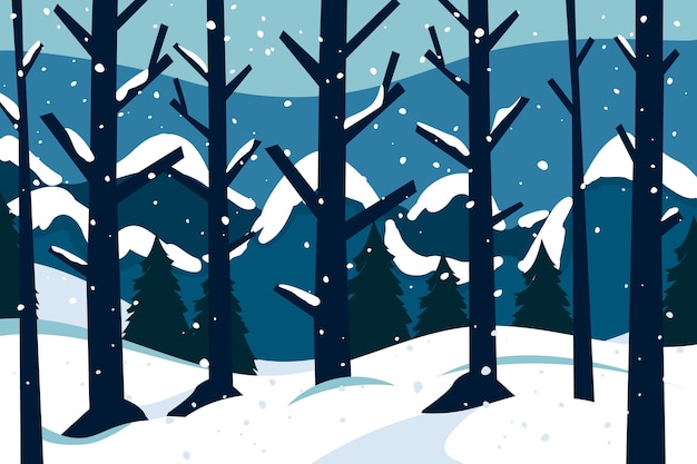 Fondo plano para la temporada de invierno con árboles y nieve.