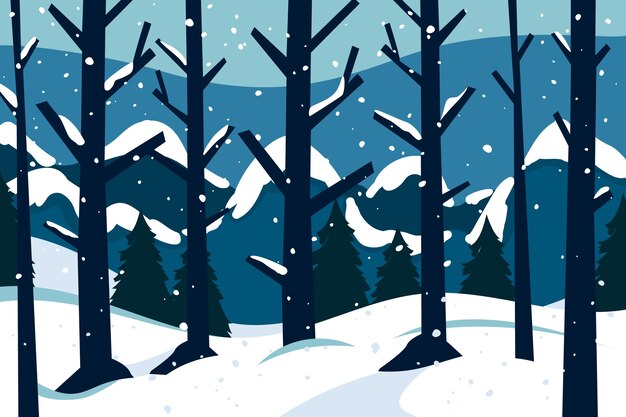 Fondo plano para la temporada de invierno con árboles y nieve.