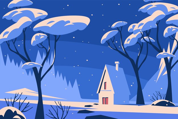 Fondo plano para la temporada de invierno con casa y árboles.