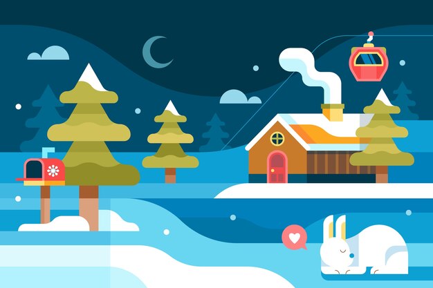 Fondo plano para la temporada de invierno con casa y conejito durmiendo