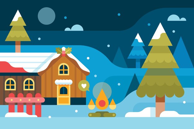 Fondo plano para la temporada de invierno con casa y fuego.