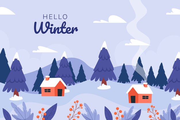 Fondo plano para la temporada de invierno con casas y árboles.