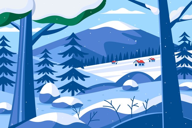 Fondo plano para la temporada de invierno con casas y bosques.