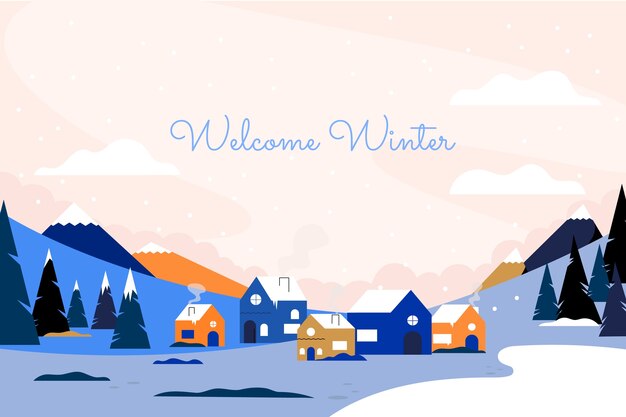 Fondo plano para la temporada de invierno con ciudad