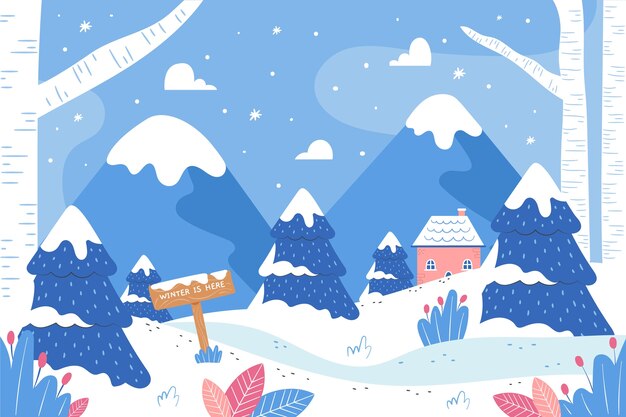 Fondo plano para la temporada de invierno con montañas