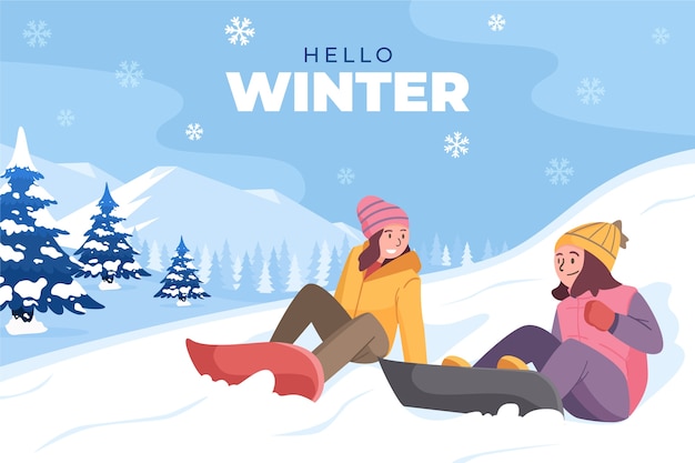 Vector gratuito fondo plano para la temporada de invierno con mujeres practicando snowboard