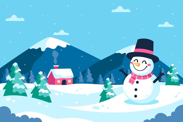 Fondo plano para la temporada de invierno con muñeco de nieve y casa.