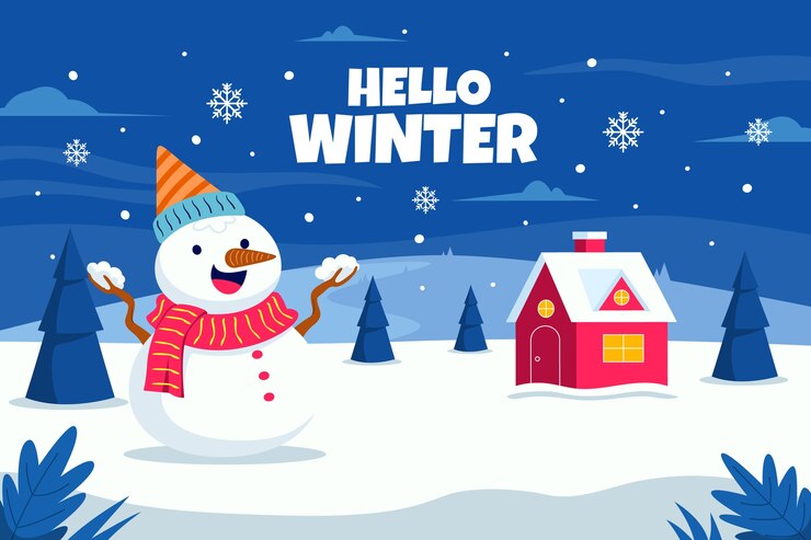 Vector gratuito fondo plano para la temporada de invierno con muñeco de nieve y casa.