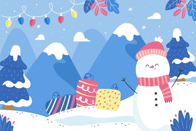 Fondo plano para la temporada de invierno con muñeco de nieve y regalos.