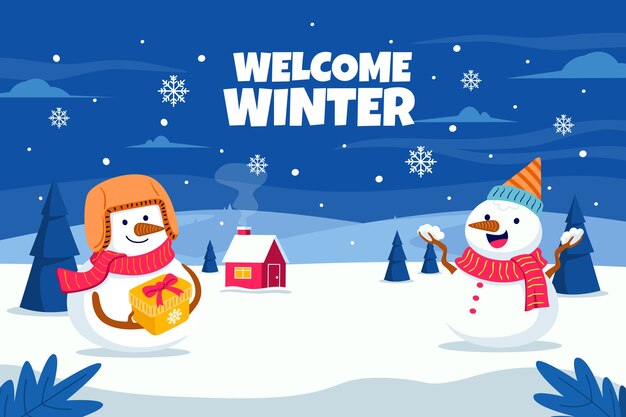 Fondo plano para la temporada de invierno con muñecos de nieve.