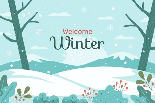 Fondo plano para la temporada de invierno con nieve y vegetación.