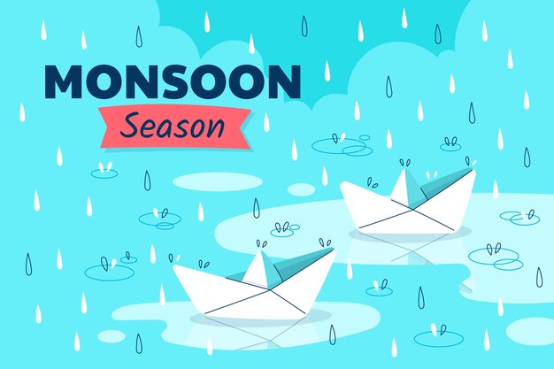 Fondo plano de la temporada del monzón con barcos de origami