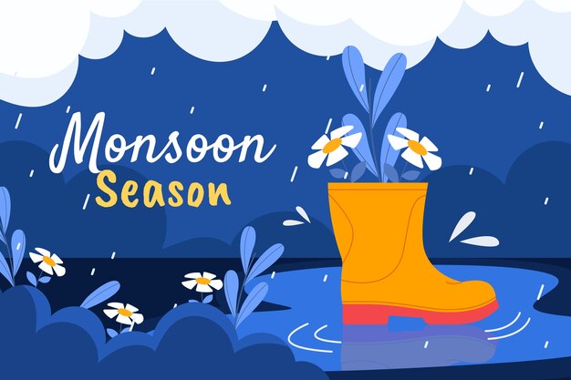 Fondo plano de la temporada del monzón con flores en botas de lluvia