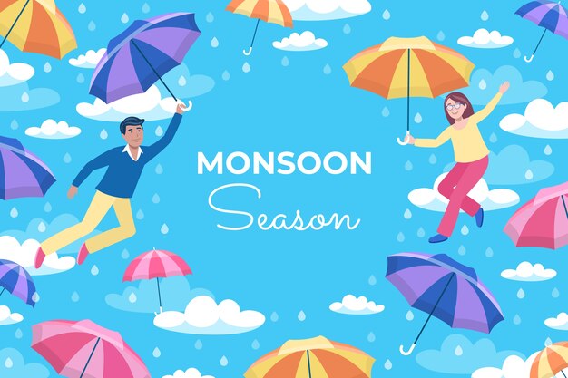 Fondo plano de la temporada del monzón con gente flotando y sosteniendo paraguas