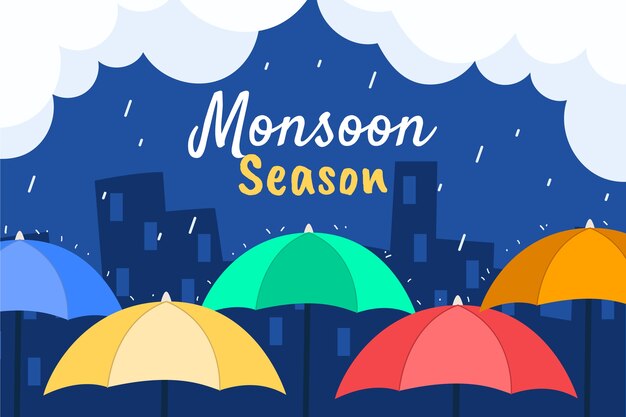Fondo plano de la temporada del monzón con lluvia y sombrillas