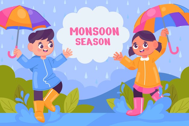 Fondo plano de la temporada del monzón con niños bajo paraguas bajo la lluvia