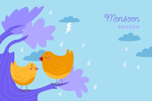 Fondo plano de la temporada del monzón con pájaros en la rama de un árbol