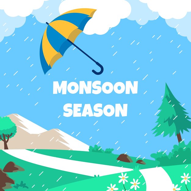 Fondo plano de la temporada del monzón con paraguas bajo la lluvia