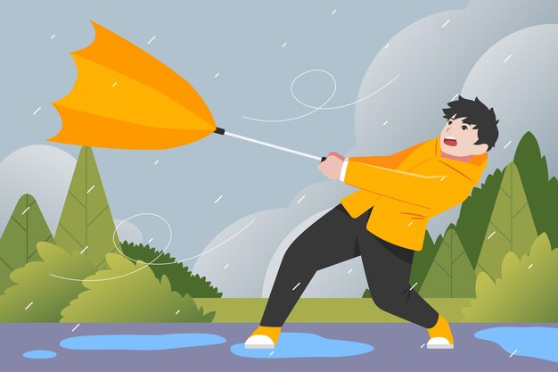 Fondo plano de la temporada del monzón con una persona que lucha con un paraguas