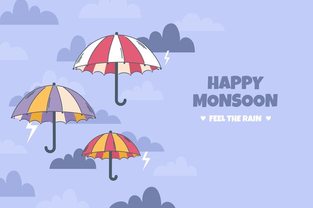 Fondo plano de la temporada del monzón con sombrillas bajo la lluvia