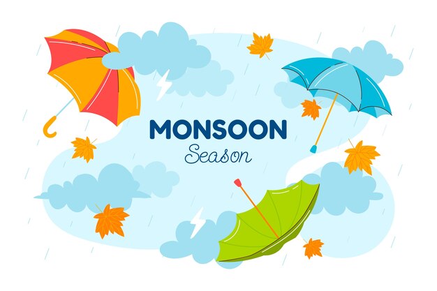 Fondo plano de la temporada del monzón con sombrillas y nubes