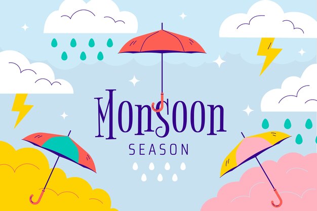 Fondo plano de la temporada del monzón con sombrillas y tormentas eléctricas