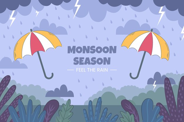 Fondo plano de la temporada del monzón con sombrillas y tormentas eléctricas