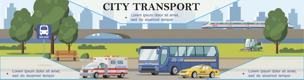 Fondo plano de transporte de la ciudad con ambulancia taxi coches bus barredora y tren en puente