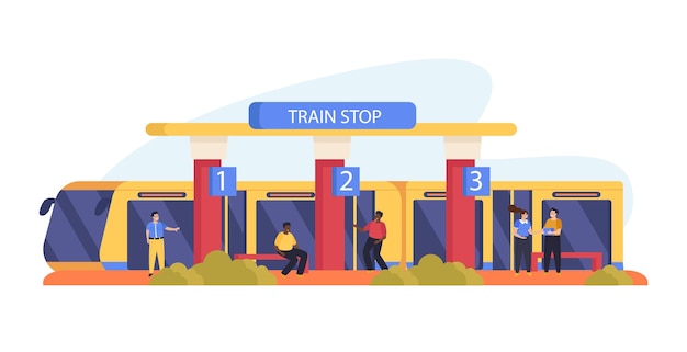 Vector gratuito fondo plano de transporte público con metro o tren suburbano y personas en la ilustración de vector de plataforma