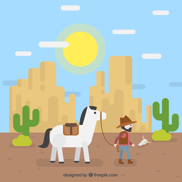 Vector gratuito fondo plano con vaquero y montañas rocosas