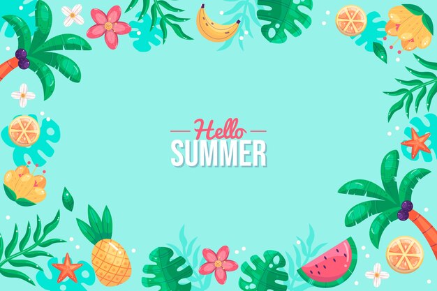 Fondo plano de verano con árboles frutales y palmeras