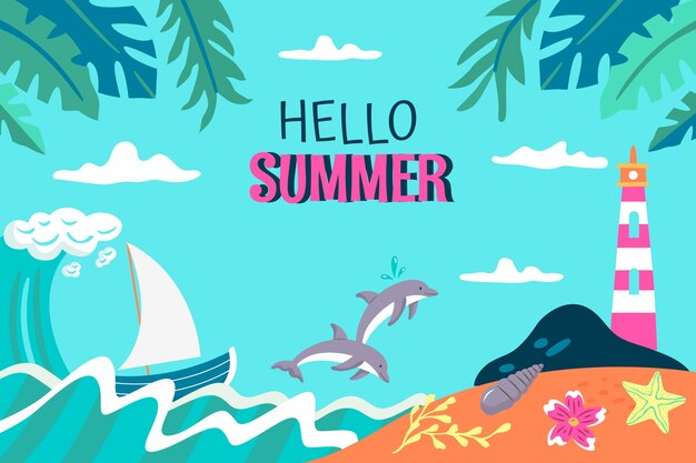 Fondo plano de verano con faro y delfines