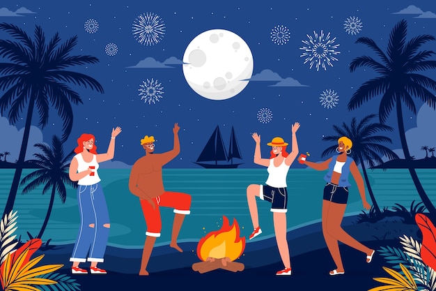 Vector gratuito fondo plano de verano tropical con gente bailando junto a la hoguera en la playa