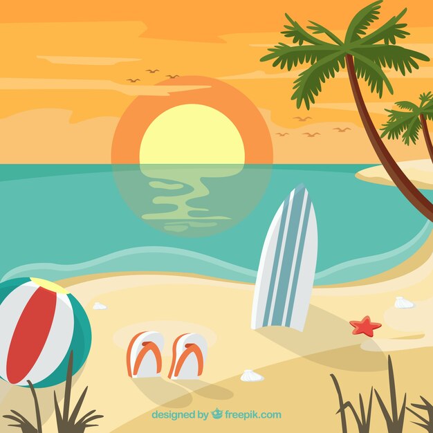 Fondo de playa con artículos de verano