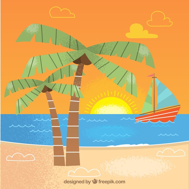 Fondo de playa con barco y palmeras 
