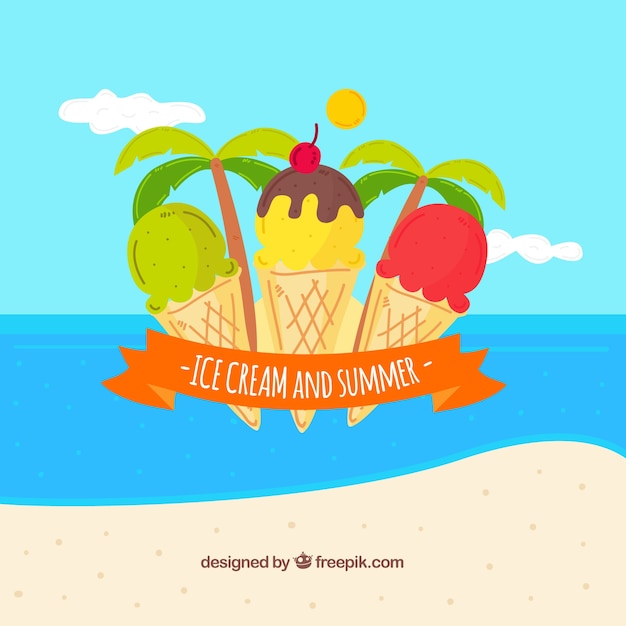 Vector gratuito fondo de playa con deliciosos helados