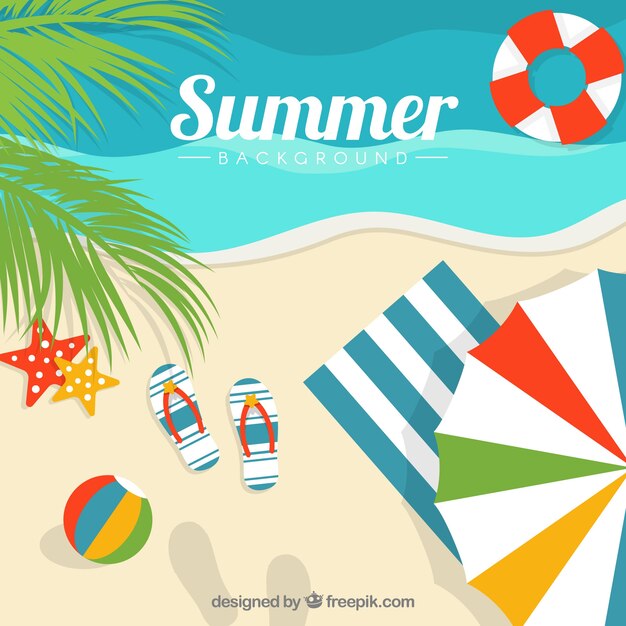 Fondo de playa con elementos veraniegos decorativos