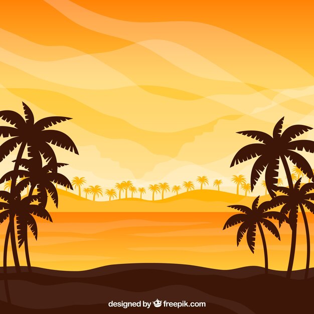Fondo de playa tropical con atardecer